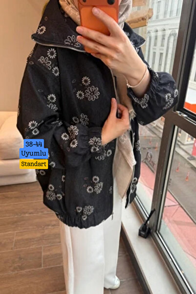 Balenbi Women's Floral Patterned Zippered Oversize Jean Bomber Jacket 380 Bla...