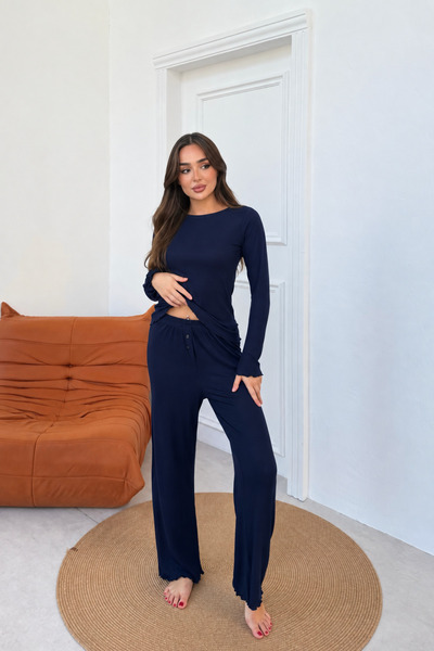 MJAMASS Lacivert Fitilli Pamuk Pijama Takımı