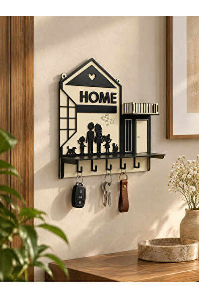 Ahşap Ev Tasarımlı Renkli MDF Duvar Anahtar Askılığı - 3D Balkonlu Raflı Aile Figürlü Anahtarlık Askısı 6 Kancalı 25x27