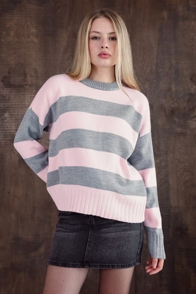MODASPARK Pembe Gri Çizgili Oversize Bisiklet Yaka Kadın Triko Kazak