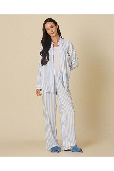 REDTAG Women White And Blue Striped Pyjama Set