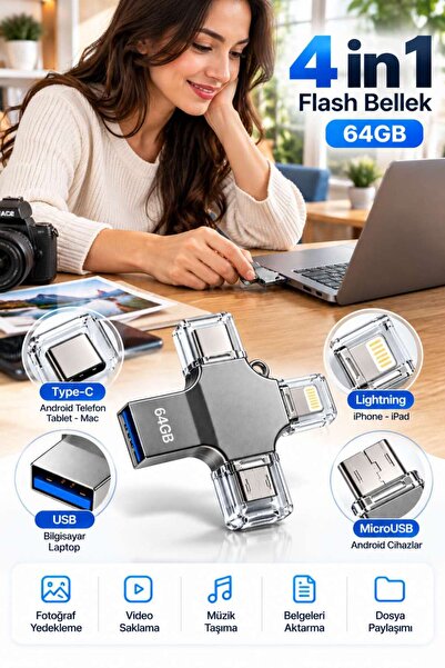 BİN1ÇEŞİT 4 Farklı Bağlantı Noktasıyla Telefon ve Bilgisayar Arasında Kolay Veri Aktarımı Sağlayan 64GB Flash