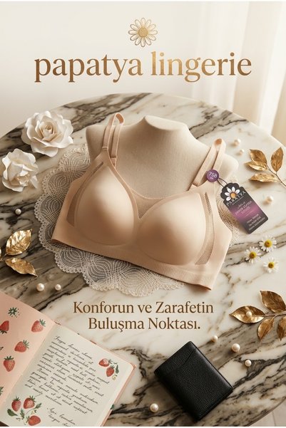 papatya lingerie Lazer Tül Kruvaze Yaka Tül Detaylı Sütyen Ten