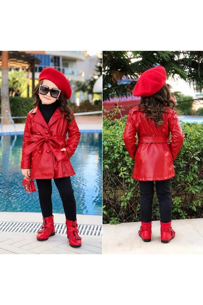 Burçak Butik Girl's Leather Coat with Belt at the Waist and Buttons, Stylish Model