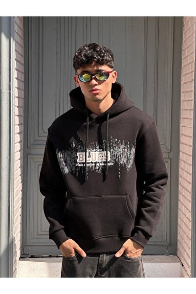 HAI COLLECTİON Black Oversize Hooded Sweatshirt Cotton Printed Unisex