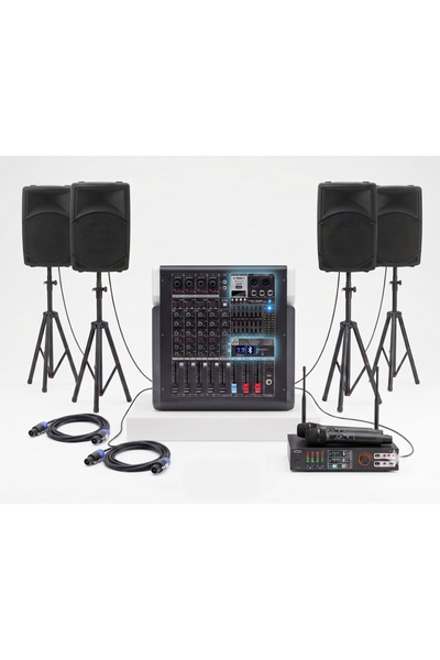 Okul Tören Ses Sistemi - Profesyonel Set - 12" Güçlü Hoparlörler - Telsiz Mikrofonlu - Bluetooth Mikserli - Kolay Kurulum