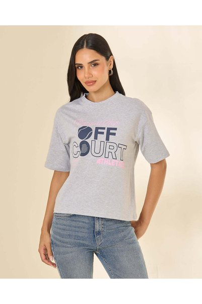 REDTAG Women Grey Placement Print Detailed Oversized Active T-shirt