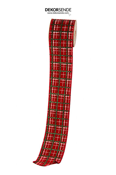 Dekorsende Yılbaşı Ağaç Kurdelesi Lüks Kumaş Ekose Kırmızı Siyah 6cm x 2m
