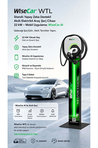 WiseCar WTL Standlı 22 kW Akıllı Elektrikli Araç Şarj Cihazı - Siyah Kartsız Ledsiz 8 Metre