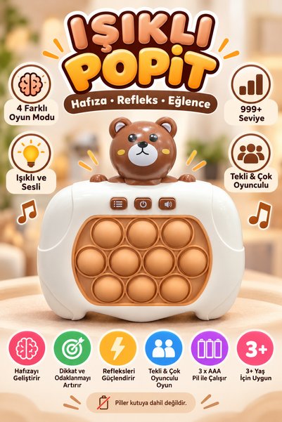 Alltoys Işıklı Popit Oyuncak – Müzikli Hafıza ve Refleks Oyunu, Renkli Işıklı...