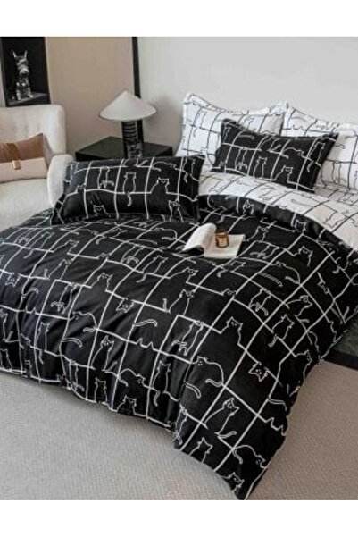 JOJO HOME Lenjerie de Pat 1 Persoana, Tip Finet, 4 Piese, Alb & Negru, Model ...