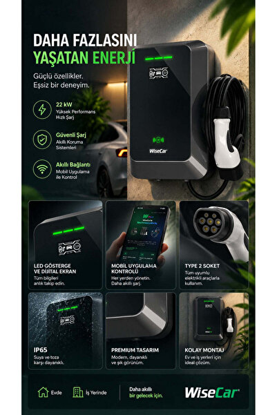 WiseCar WTA Yapay Zeka Destekli Akıllı Elektrikli Araç Şarj Cihazı 22 kW - Kartlı 5 Metre