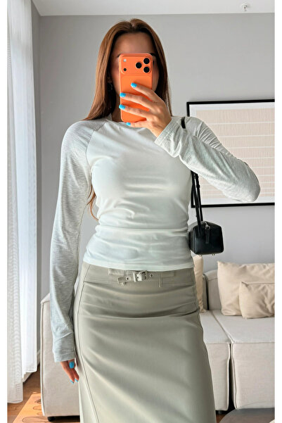 My Blog Gray Slim Fit Contrast Long Sleeve Blouse - 5219