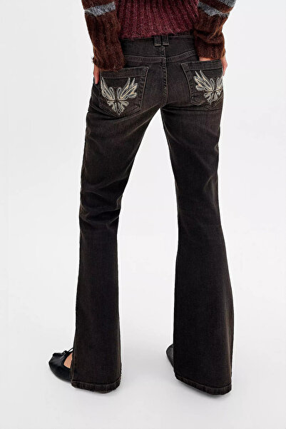 Messy Girls Düşük Bel Skinny İspanyol Paça Jean Kadın Y2K Flare Denim Pantolon