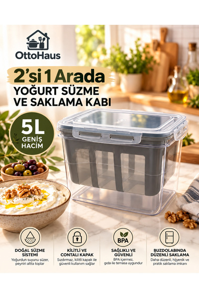OttoHaus 2’si 1 Arada Yoğurt Süzme ve Saklama Kabı 5 L – Süzgeçli Yoğurt Filt...