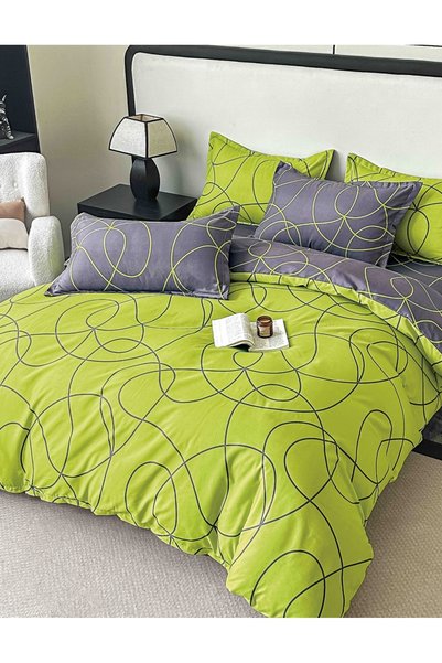 JOJO HOME Lenjerie de Pat 1 Persoana, Tip Finet, 4 Piese, Gri / Verde, Jojo H...