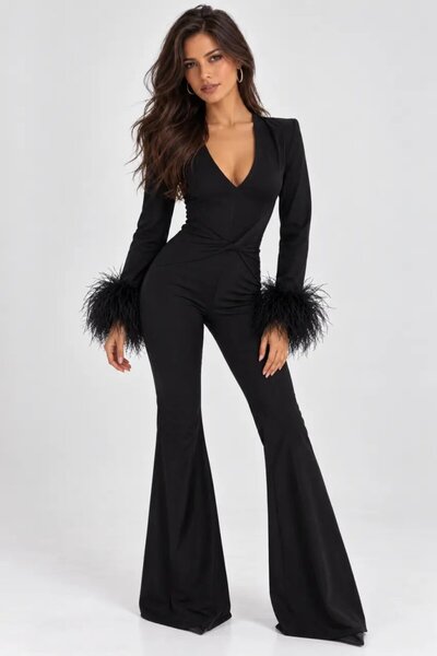 Cool & Sexy Black Feather Detailed Spanish Flare Women's Jumpsuit