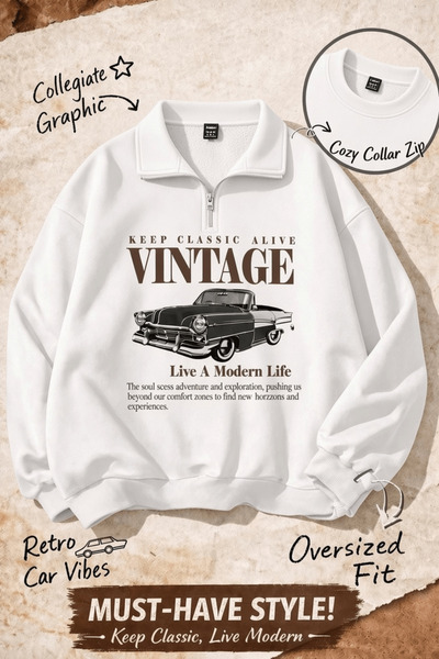 Vordevia Vintage Printed Unisex Half-Zip Oversize 3-Thread Sweatshirt