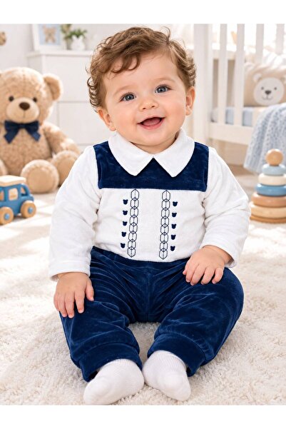 Sönmez Baby ŞERİT AYI NAKIŞ GÖMLEK YAKALI KIŞLIK KADİFE BLUZ VE PANTOLON İKİL...
