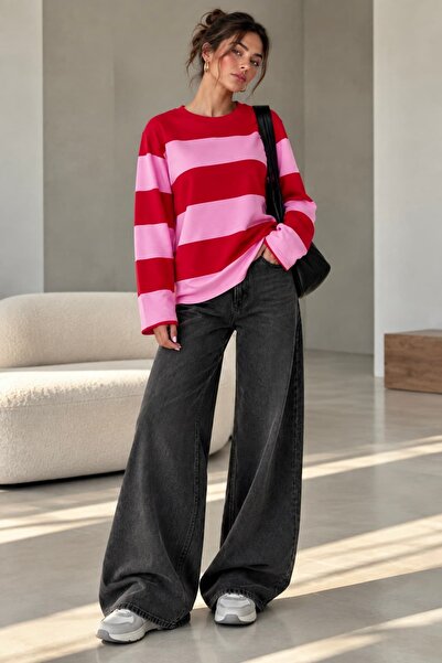 bb butik basic Ριγέ Oversize Μακρυμάνικο Βασικό Φούτερ ZG3535