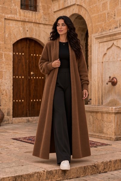 newmisal Women's Oversize Long Brown Alya Cardigan