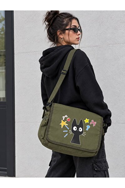 nesebutik Khaki Green Colorful Patterned Cat Printed Canvas Messenger Bag Adj...