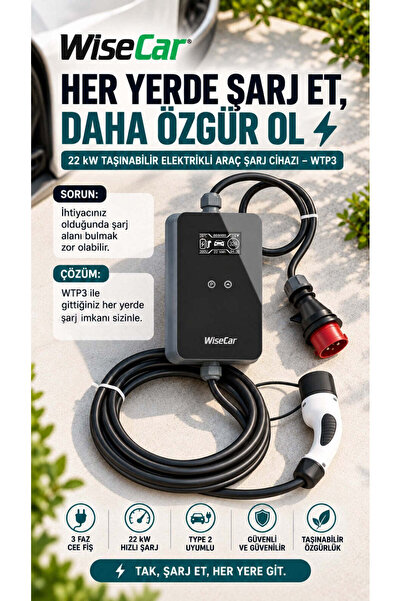 WiseCar WTP3 22 & 11 kW Taşınabilir Yapay Zeka Destekli Elektrikli Araç Şarj Cihazı - 8 Metre