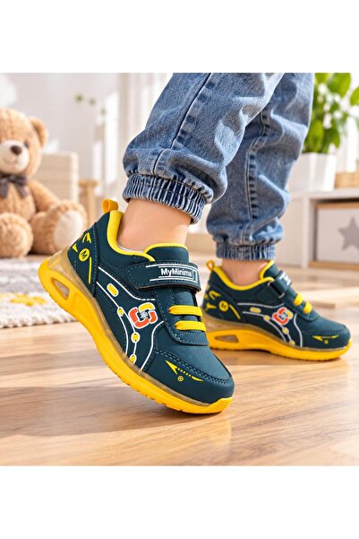 Myminibaby Pantofi sport băieți MyMinima, bleumarin cu galben, închidere cu s...