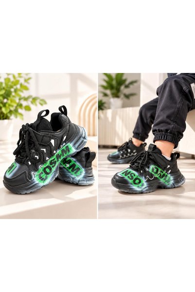 chichiponki Pantofi sport băieți negri cu verde neon, talpă groasă și închide...