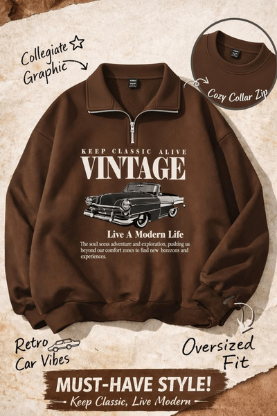 Vordevia Hanorac oversize unisex cu jumătate de fermoar, imprimat vintage, cu...