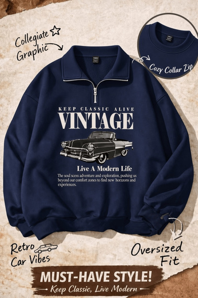 Vordevia Hanorac oversize unisex cu jumătate de fermoar, imprimat vintage, cu...