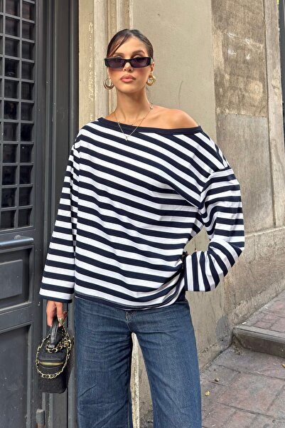 BEJNA Women's Navy Blue Striped Off-Shoulder Oversize Blouse