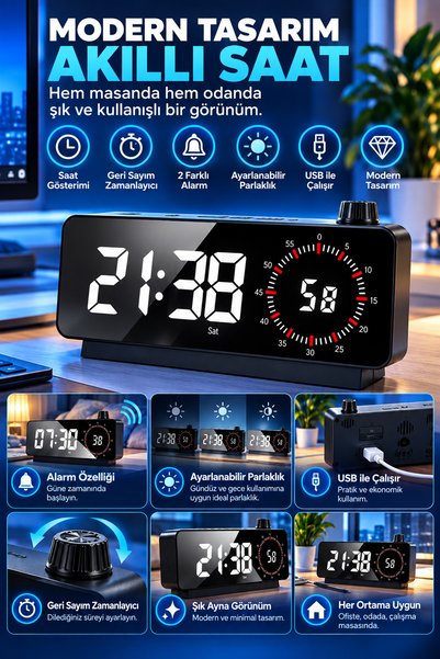 HyMark Görsel Zamanlayıcı LED Şarj Edilebilir Dijital Çalar Saat