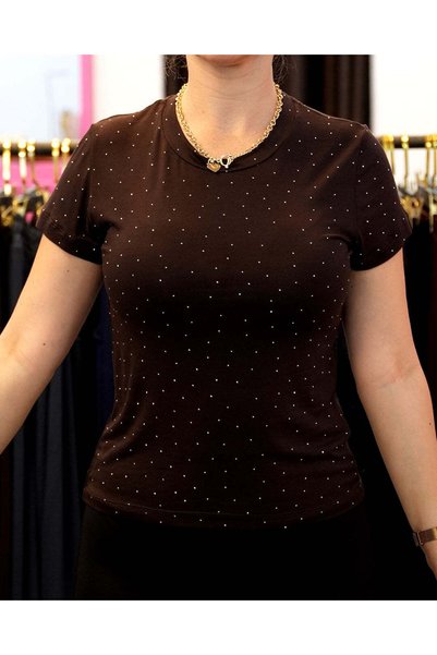 Harmony Fashion Taşli Kahverengi Bluz