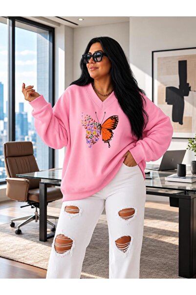 BENROMA 3 Yarn Combed Cotton V-Neck Butterfly Printed Sweatshirt Pyq4