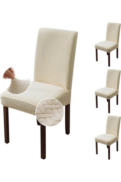 Morvena Picks Set de 4 huse elastice pentru scaune – Model tricotat, Crem, Po...