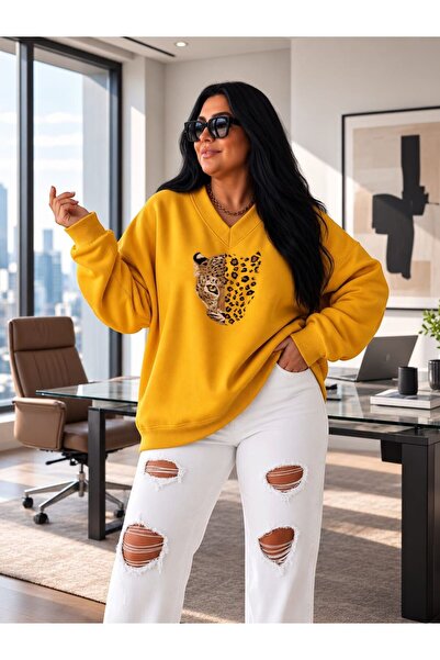 BENROMA 3 Yarn Combed Cotton V-Neck Leopard Print Sweatshirt Pyq3
