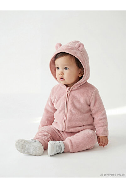 LC Waikiki Pink Hooded Baby Girl Plush Tracksuit Set