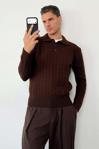 JB John Borners Men's Polo Collar Buttoned Hair Knit Pattern Knitwear Sweater Brown - 26501