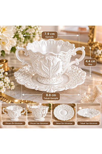 Victoria&Co Beyaz Vintage Dekoratif Çay Fincanı ve Tabak Seti, Kabartmalı Çiç...