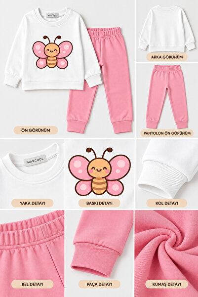 MARKOLL Girls' Butterfly Printed Pink Pajama Set Long Sleeve Crew Neck Cotton