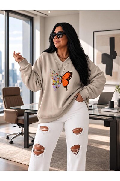 BENROMA 3 Yarn Combed Cotton V-Neck Butterfly Printed Sweatshirt Pyq4