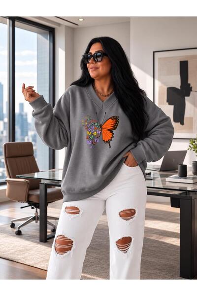 BENROMA 3 Yarn Combed Cotton V-Neck Butterfly Printed Sweatshirt Pyq4