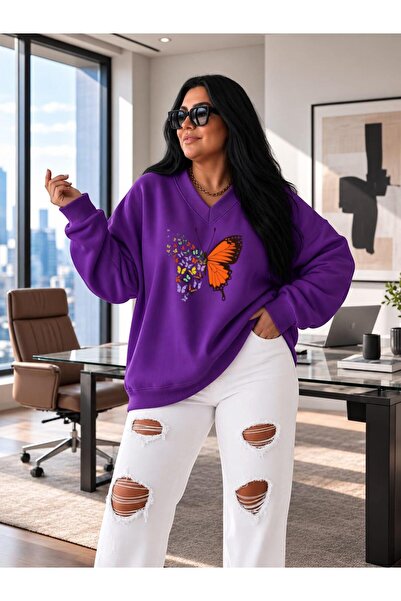 BENROMA 3 Yarn Combed Cotton V-Neck Butterfly Printed Sweatshirt Pyq4