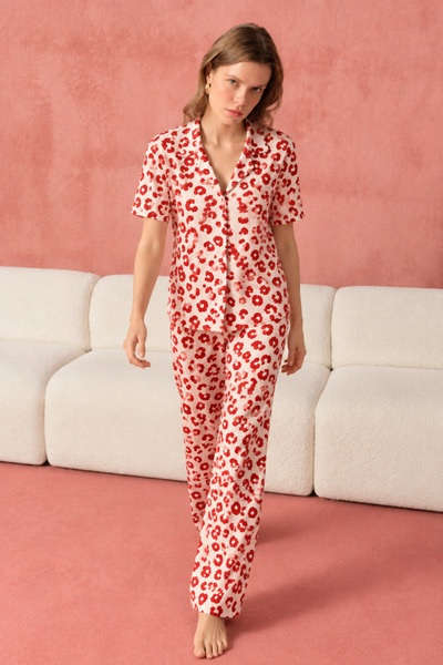 Mindy Women's Buttoned Collar Detailed Casual Red Pajama Set