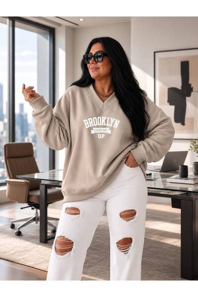 BENROMA 3 Yarn Combed Cotton V-Neck Brooklyn Printed Sweatshirt Pyq2