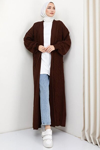 HNT Hayrunnisa Tesettür Cherry Patterned Long Knitwear Cardigan Brown Hnt2815