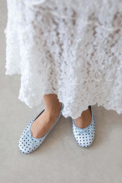 STRASWANS Lily Women's Bow Detail Satin Ballerina Flats Baby Blue Polka Dot