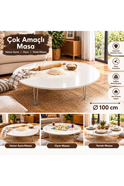 Genel Markalar BEYAZ 100CM KATLANABİLİR ÇOK AMAÇLI YER SOFRASI MASASI HAMUR A...
