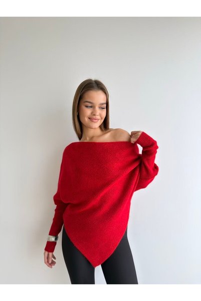 buqre's moda Pulover elegant cu decolteu bărcuță și croială asimetrică